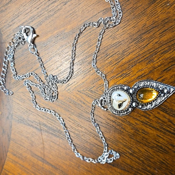 Boho Owl Necklace with Yellow Glass Pendant - Antique Silver-Plated Alloy - Picture 10 of 11